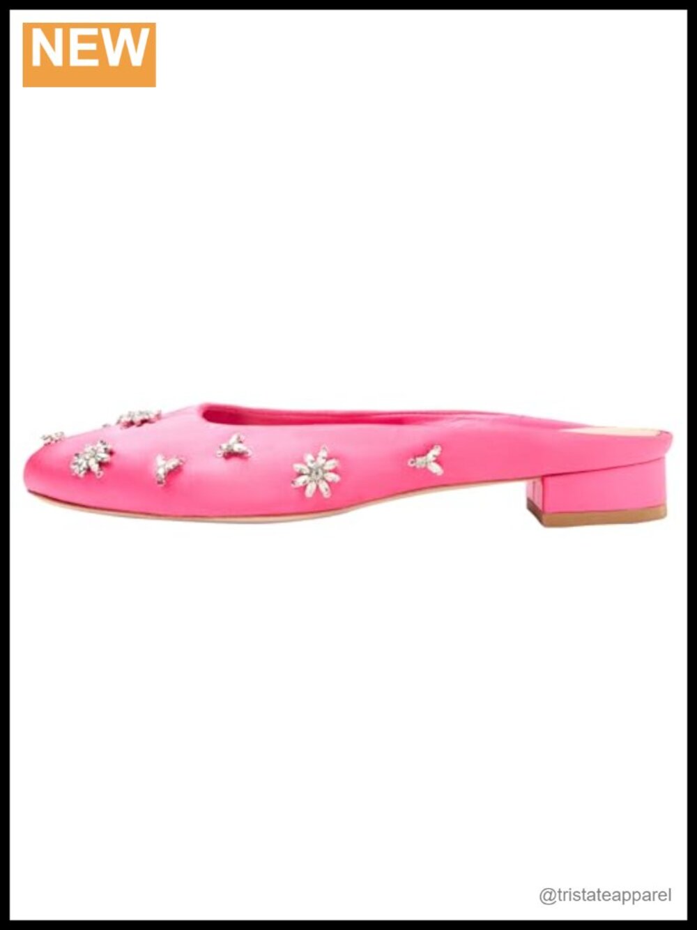 Satin Mule with Crystal Embellishment, Mini Block Heel, Round Toe, Pull-On